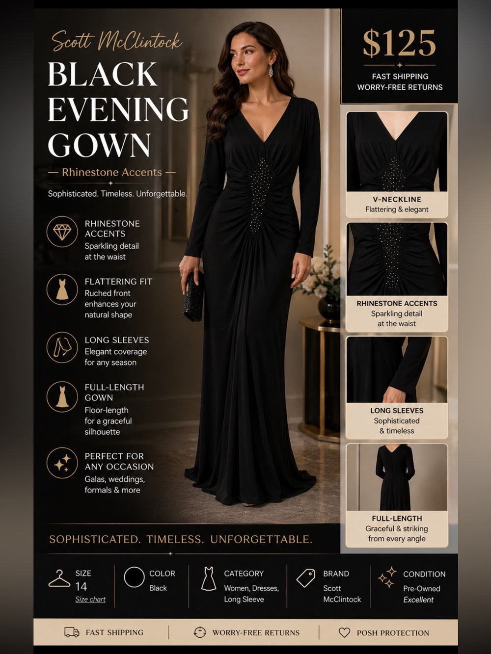 Scott McClintock Black Long Sleeve V-Neck Evening Gown with Rhinestone Accents